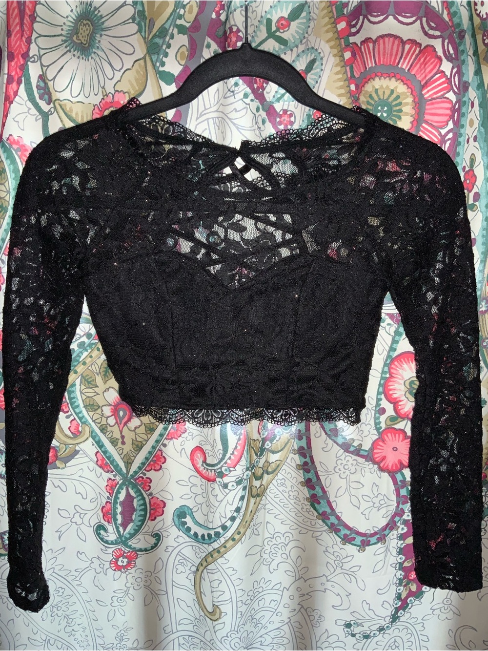 Whimsigoth Black Lace CropTop Size 0 Goth Sheer Long Sleeve Romantic Corset Back
